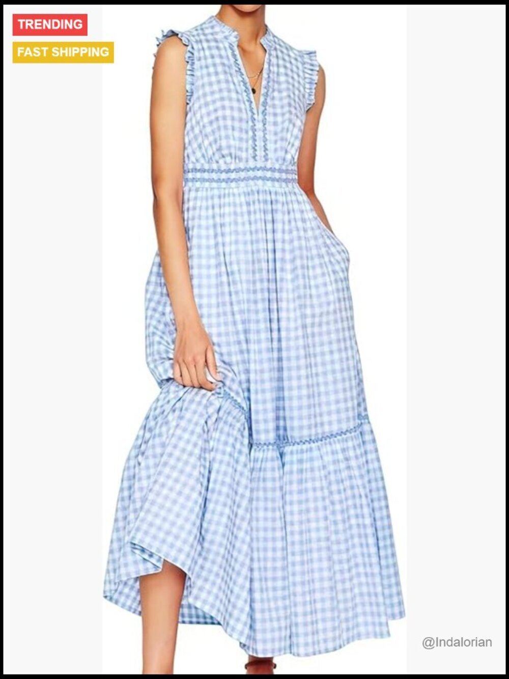 Women's Sleeveless Gingham Maxi Dress with Ruffle Trim Tiered A-Line Sundress